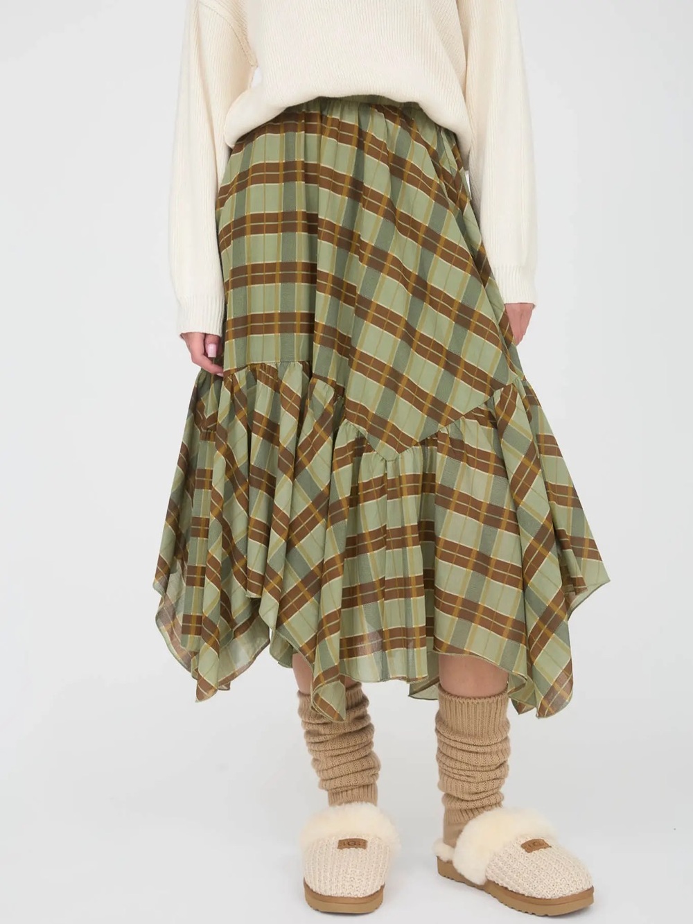 Blue Pepper PLAID RUFFLE HANDKERCHIEF Hem Green / Brown MIDI SKIRT NWT Small